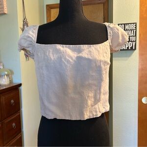 J. Crew tan linen blend short sleeve crop top size L puff sleeve smocked